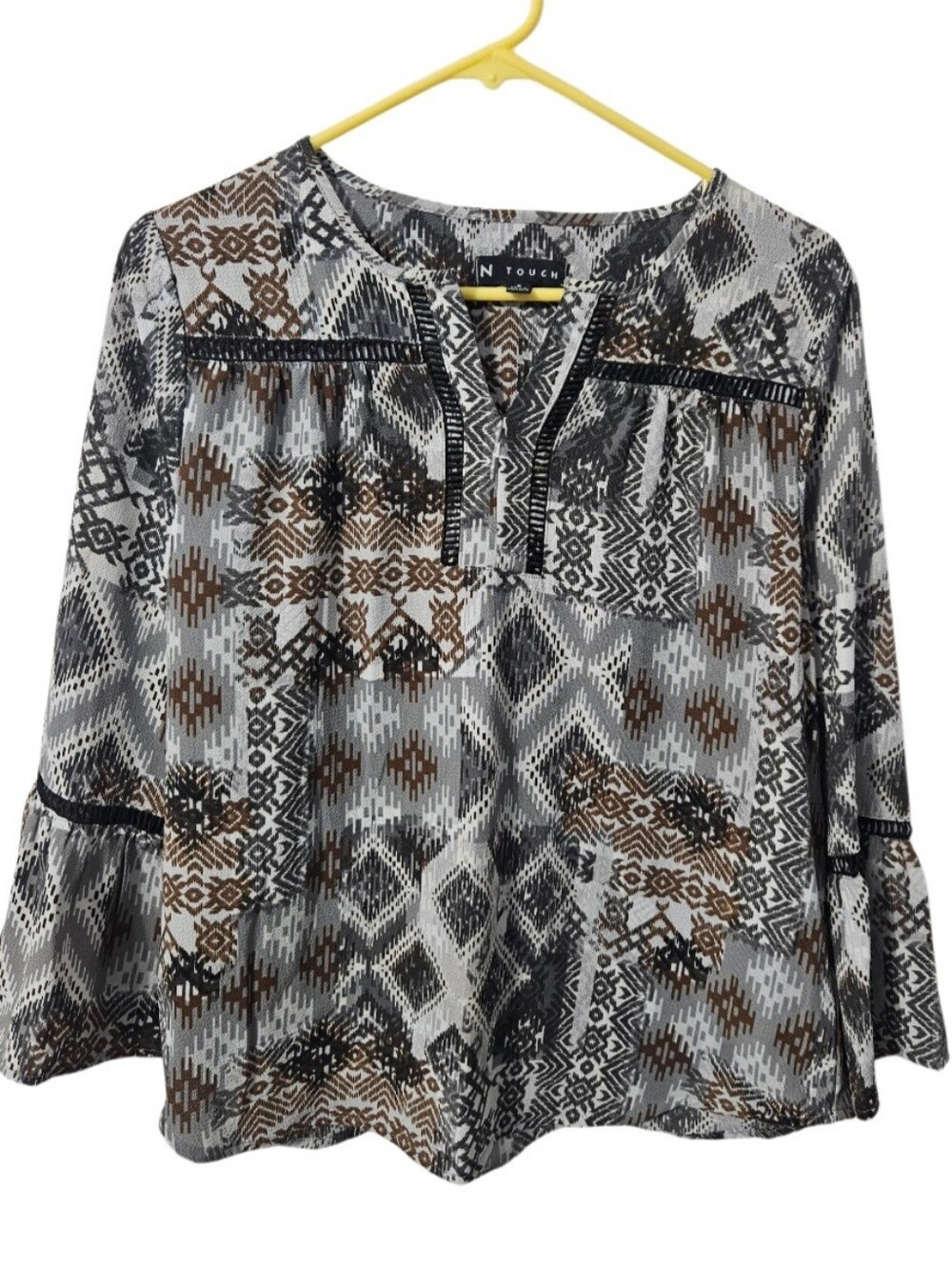 IN TOUCH Women's Size Small Gray/Black/Brown, Geometric Print Bell Sleeve Blouse